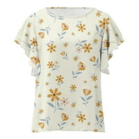 Baycosin ruffle kratki rukav Teres Top šifonske bluze za žene Dressy okrugli vrat cvjetni ispis labave majice