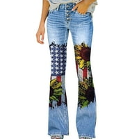 FSqjgq Streetwewwear pantne hlače za žene za žene Cvjetni zastava Ispis uznemirene bootcut traper hlače