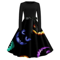 Cuoff Gothic Crne haljine za žene Goth Halloween Print Flare za zabavu s dugim rukavima Ležerne višebojne