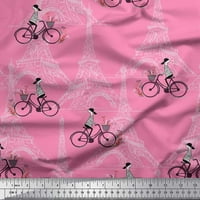 Soimoi Poly Georgette tkanina djevojka, bicikl i Eiffelov toranj arhitektonski ispis tkanina sa dvorištem širom