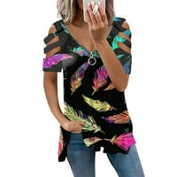 Ženski vrhovi ženski modni casual sa patentnim zatvaračem s V-izrezom tiskani majica s kratkim rukavima