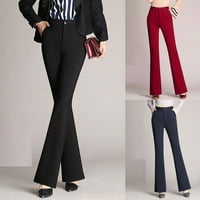 Keusn Ženski džepovi visokog struka čvrste pantalone s čvrstim ravnim nogama duge pantalone puhane hlače