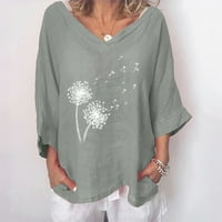 Majice plus size za žene Pamučne košulje za žene Udobno tiskovina V- izrez Three Quarter rukava majica Bluza Labavi vrhovi, siva