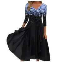 Žene ljetne elegantne cvjetne tiskane ruff haljine Formalni V-izrez rukava Maxi Flowy haljine plavi