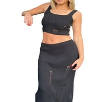 Žene Ljetne odjeće Y2K Dvije setove suknja Ripped Spremnici bez rukava zamotane HIP duge suknje