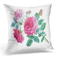 Gomila osjetljivih ružičastih ruža i leptira crtežom s akvarelom na bijelo s klipnim stazom jastučni