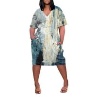 CatAlem udobne haljine za žene plus veličine V izrez haljine s kratkim rukavima koljena štampana linijska