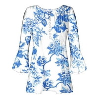 Safuny Ženske labave vrhove Nasleđeni tunički cvjetni tiskani pulover Fit Trendy Majice Jesen odmorski rukav V Crt Gumb Elegant casual blue xxxl
