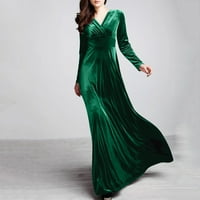 Gotyoou Summer haljina ženska jesen i zimski zlatni Velvet V-izrez Čvrsta boja Dug rukava haljina zelena