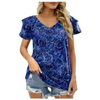 Ljetne vrhove Petal majice kratkih rukava Casual V izrez Tunic vrhovi slatki grafički teški list cvjetna bluza za žene Dark Blue XXL