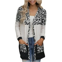 Ženska Leopard Print Stitchting Knit Jacket Cardigan Srednja duljina TOP bluza Comfy labavi fit kaput