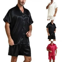 Muška svila satena pidžama postavljena kratkim rukavima + kratke hlače za spavanje crvena l