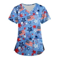 SKSLOEEG CRUBS vrhovi za žene Američki zastava Star uzorak Radna uniforma sa džepom Stretch Ležerne prilike V-izrez Ljeto za odmor, nebesko plavo XL