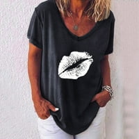 Ženska casual v izrez majica kratki rukav za usne za usne Forks Black XL