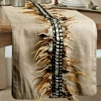 Bež stol za trkač lanena tkanina sa perjem i kristalnim vezom Bež posteljina ekstra dugačak, vjenčani dekor stol posteljina Moderni trkač stola - perjanski san