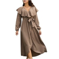 Ljetne haljine za žene dugih rukava s dugim rukavima Haljina V-izrez Midi Fit and Flare Dnevno casual