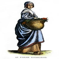 Kuhinja mamaid, 17. vek. Nan Engleski kuhinjski mamaid. Graviranje linije, engleski, 17. stoljeće. Poster Print by