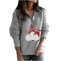 Bijeli džemperi za žene ženske jeseni i zimski džemper s V-izrezom Santa Claus tiskani patent zatvarač