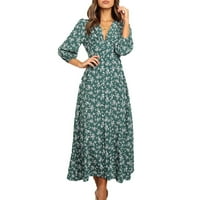Bicoasu Clearance Womens Plunge dugih rukava A-line cvjetne vintage ljetne haljine srednje dužine zelene