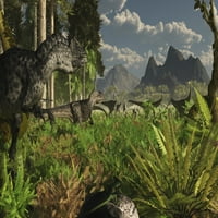 Allosaurus i diplodokus dinosaurusi lutaju zapadniju Sjeverna Amerika u kasnom jurskom posteru