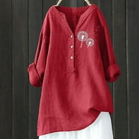 Plus size pamučne platnene bluze za žene Ljetni casual bandelion print v dugme za vrat dolje valjani