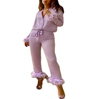 Žene satenske pidžame set pero dugih rukava i hlača PJS postavljena noćna odjeća za spavanje salon za