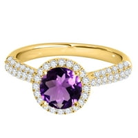 Mauli dragulji za žene 1. Carat Diamond i Okrugli oblik ametist prsten 4-prong 10k žuto zlato