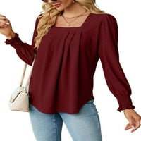 Capreze Women majica Pleated tunika bluza dugih rukava majica modni tee kvadratni vrat vino crvene m