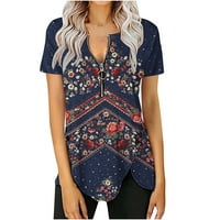 Juebong Womens Ljetne majice Čišćenje trendi zipper V izrez cvjetni tisak T-majice Bluza Slatko dugme