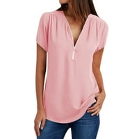 Haljine za žene Business Casual Pink ženske ležerne majice Majica VAME V izrez Zipper Loose Majica Bluza