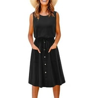 Žene Ljeto okrugle ovratnik rukava Slobodno vrijeme Solid Boja Linijska džepa Maxi haljina crna m