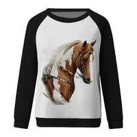 Ženska modna konjska tiskana labava majica dugih rukava bluza okrugla vrat casual vrhovi dukseric black