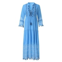 Stabilna atraktivna casual boemska velika veličina V-izrez čvrsta boja čipka tassel duga haljina svijetloplava