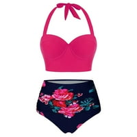 Ženska dva bikinija cvjetna tiskana visokih struka + kratke hlače Halter Tankini plaža Bather