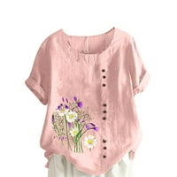 Olyvenn ženski trendy gumbi pamučni posteljina majica Rollback ljetne kratke rukave cvjetni tisak vrhovi