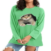 Žene Tee Cat Print T Majica Crew Crt Majica Dame Labavi vrhovi Radni pulover zeleni 4xl