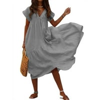 Ženske ljetne haljine za žene Datum Ležerne kratkih rukava Maxi V-izrez Solid Maxi haljina siva l