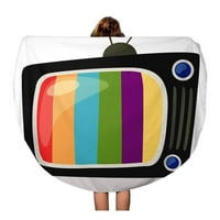 Okrugla plaža ručnik sa pokrivačkom televizije retro TV-a u boji na bijelom crtanom putovalnom krugu