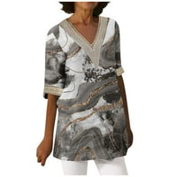 Huachen ženska ljetna labava majica casual modni ispisani čipkasti šivanje V-izrez Vrh