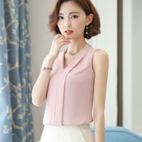Xinqinghao Women šifon bluza Modni V vrat sa ramena vrhovi pune boje bez rukava s rukavima majica ružičasta
