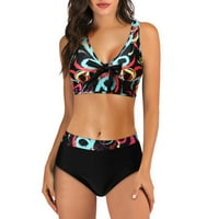 Ženska kupaći kostim vučjev kupaći kostim dva retro Halter Ruched Front Front High Squik Print bikini