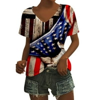 Lastesso Fashion Women Ljeto tiskanje kratkih rukava V-izrez casual bluza vrši američke majice za zastave