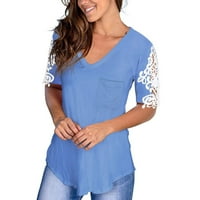 Taqqpue ženske čipke šuplje majice kratkih rukava Tunic The Casual Solid Boja V-izrez T-majice Bluze sa džepnim ženskim ljetnim vrhovima