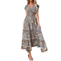 Ženska haljina s kratkim rukavima Ljeto labave casual v izrez elastična haljina visokog struka Bohemian