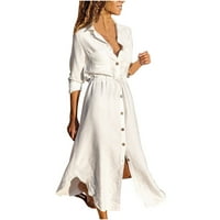 Drška ženska haljina za žensku košulju sa džepom pune boje crtež dugih rukava s dugim rukavima pamučna posteljina gumb retro opuštena odjeća modna ljetna klirenca bijela s