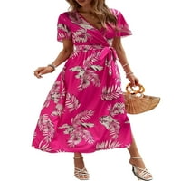 Žene Maxi haljine V izrez duga haljina kratki rukav Ljeto na plaži Sunduress dame casual putnice ruža