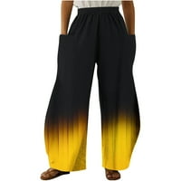 Caveitl ženske casual pantalone, povremene džepove za ispis elastične srednje struke Udobne široke nogu labave hlače žute, m