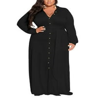 Glonme dame haljina V izrez Maxi haljine od pune boje praznika seksi majica s dugim rukavima crna 4xl