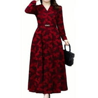 Žene s dugim rukavima s V-izrezom Midi A-line haljina dame retro cvjetne haljine