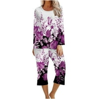 Žene ljubičaste pidžame setovi salon cvjetni print Capri spavanje odjeće Ležeran salon dugih rukava